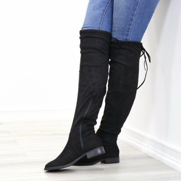 Black Suede Over the Knee Boots Low Heel Tie Back Detail - Picture 10 of 13